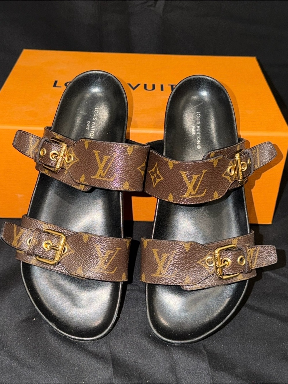 Authentic Louis Vuitton Brown Monogram Double-Buckle  Slide Sandals